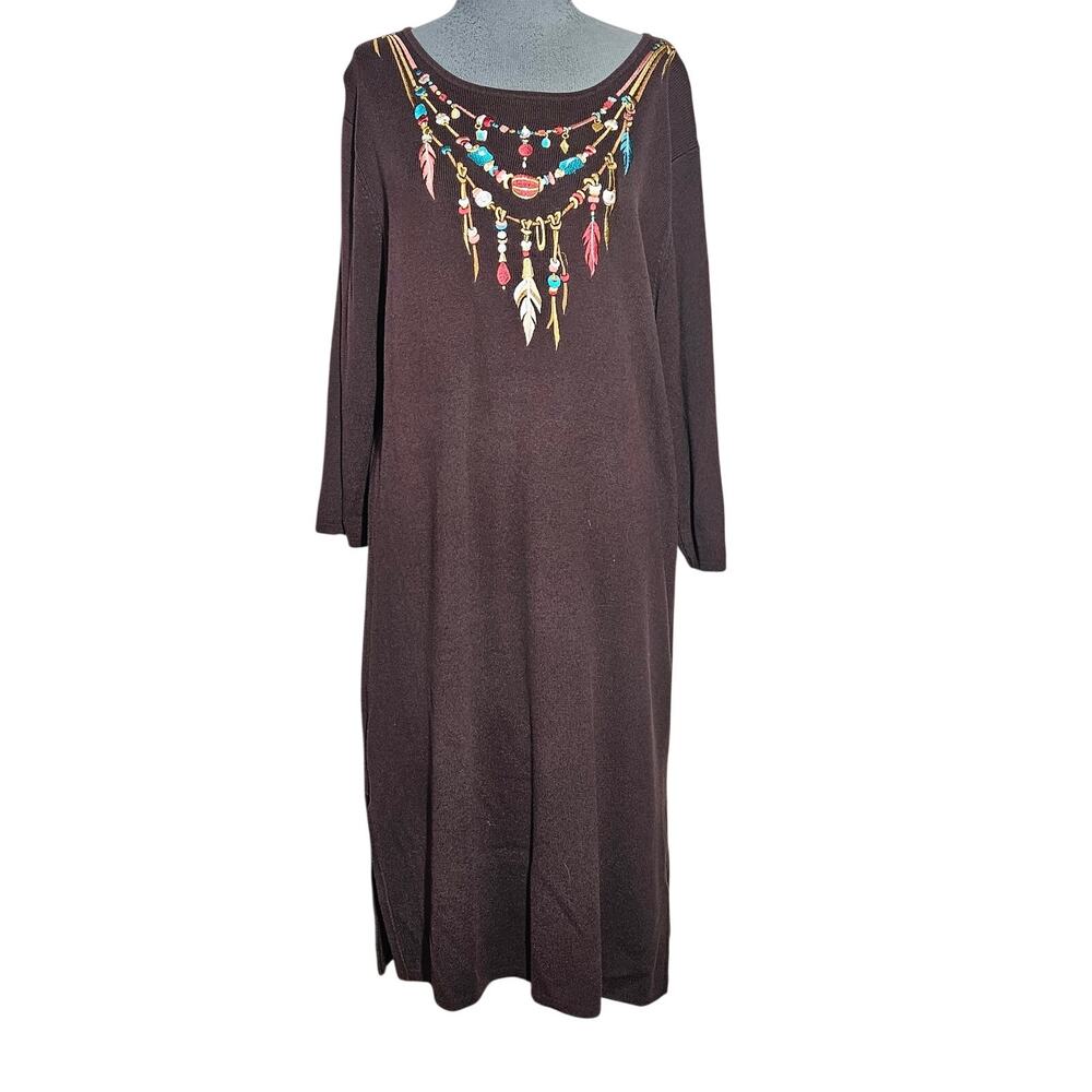 Brown Midi Southwestern Embordered Sweater Dress Size Large